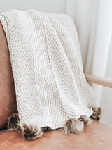 Cream With Faux Fur Poms Throw Blanket
