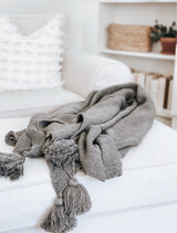 Grey Knit Throw Blanket With Tassels